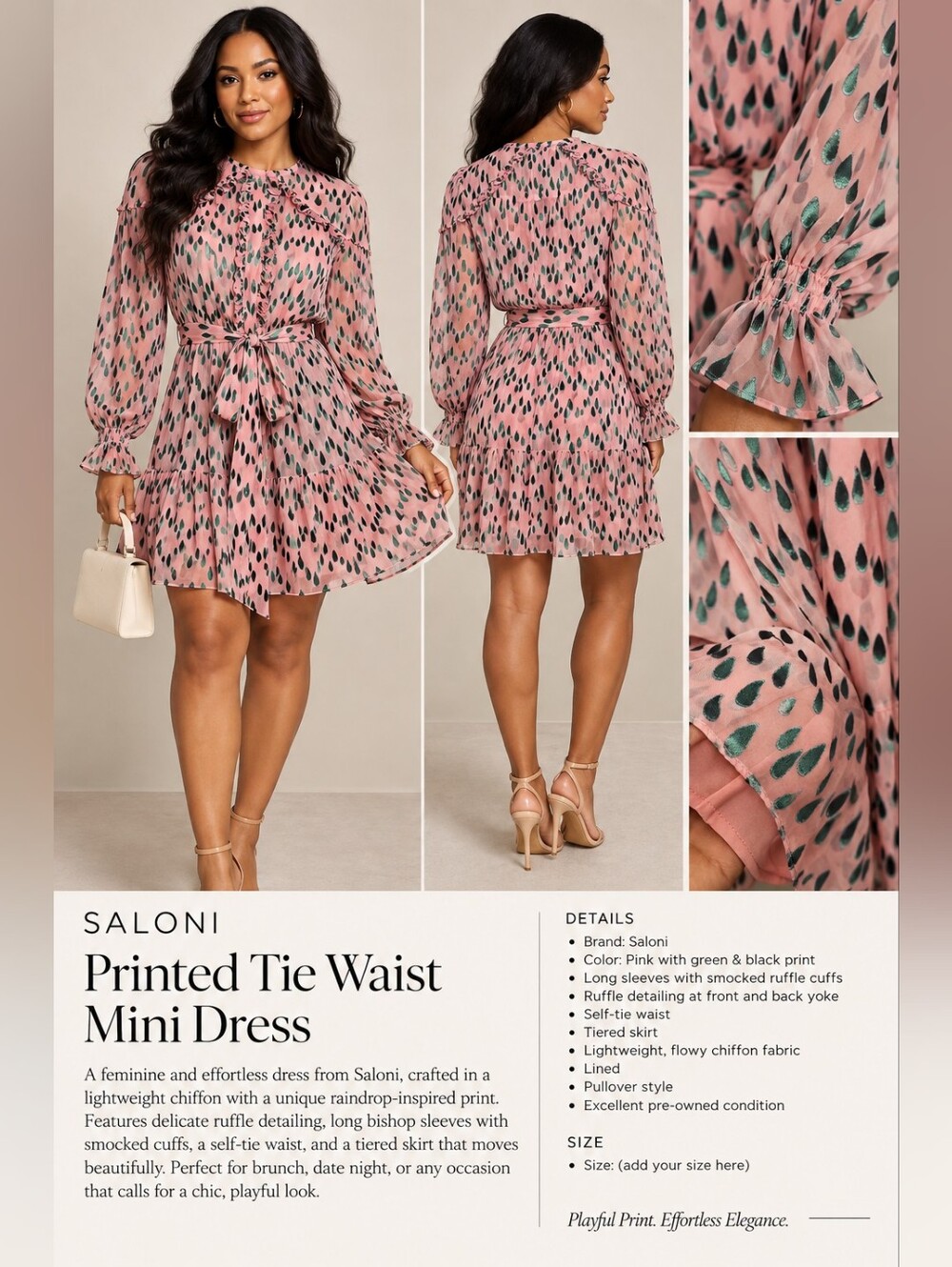 SALONI Pixie Pink And Green Raindrop-Print Tie-Waist Mini Dress Sz 6